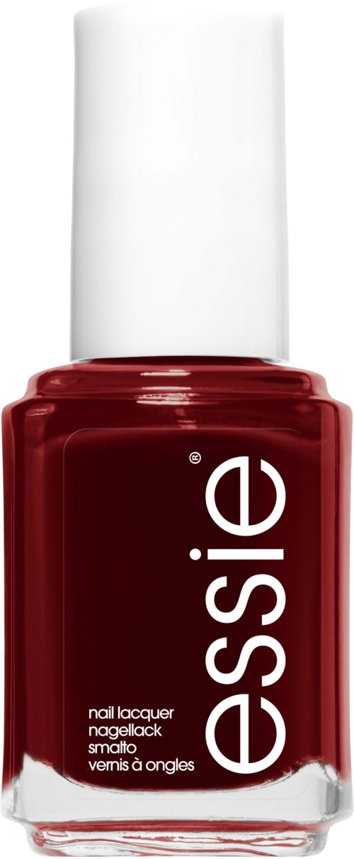 Red nail polish in a glass bottle with a white cap, labeled 'essie'.
