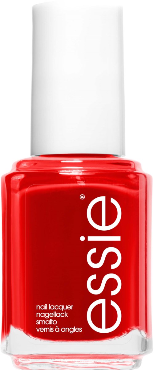 Bright red nail polish bottle with white cap, labeled 'essie's.'
