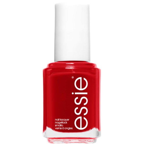 Red nail polish bottle with white cap and white text reading 'essie's' in a simple style.