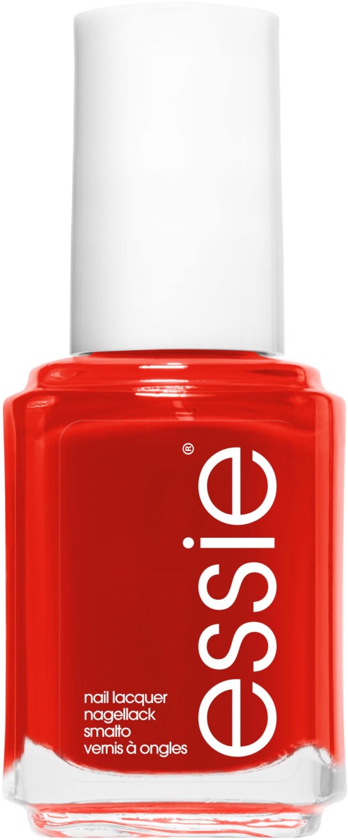 A red nail polish bottle with a white cap and the brand name 'essie's' vertical on the front.