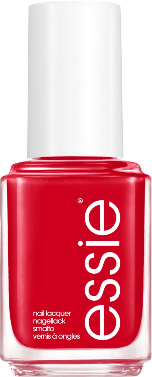 A red nail polish bottle with a white cap and the brand name 'essie' written vertically.