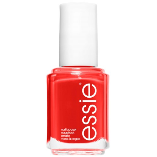 A red nail polish bottle with a white cap and the word "essie" written vertically on it.