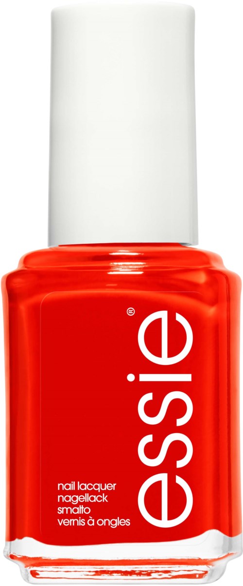 Red nail polish bottle with white Essie logo and white cap. Simple, bright, and clean design.