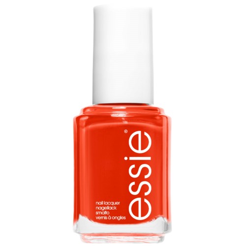 A red nail polish bottle with a white cap and the word 'essie' written vertically. Easy to see label.