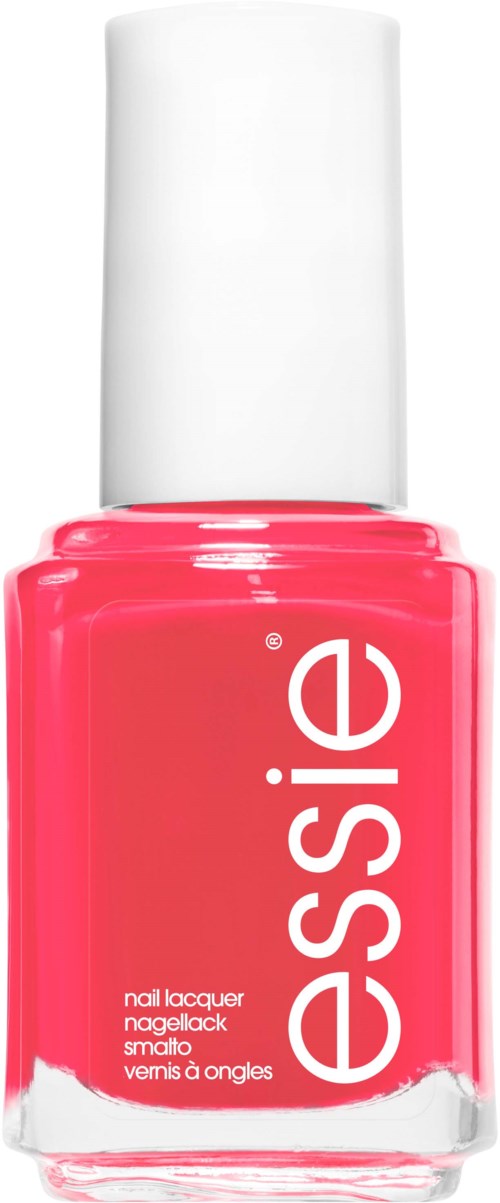 Pink nail polish bottle with white cap and white 'essie' logo on the front.