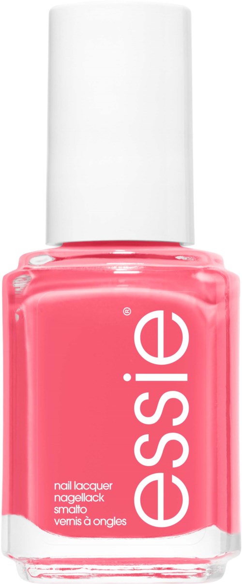 Pink nail polish bottle with white cap and 'essence' written vertically on the label.
