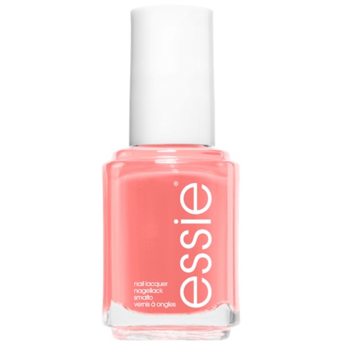 Pink nail polish bottle with a white cap and 'essie' written on it.
