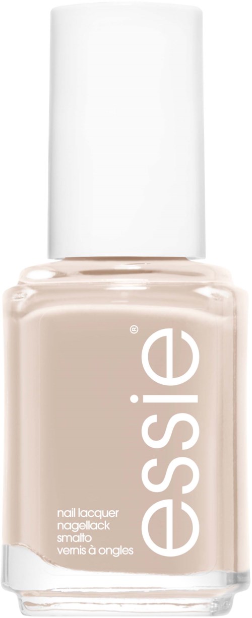 En beige nagellackflaska med vit kork märkt "essie."