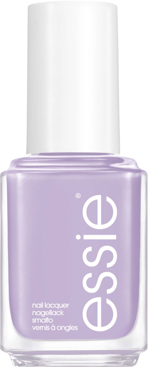 En ljuslila nagellackflaska med vit kork, märkt 'essie' i stora bokstäver.