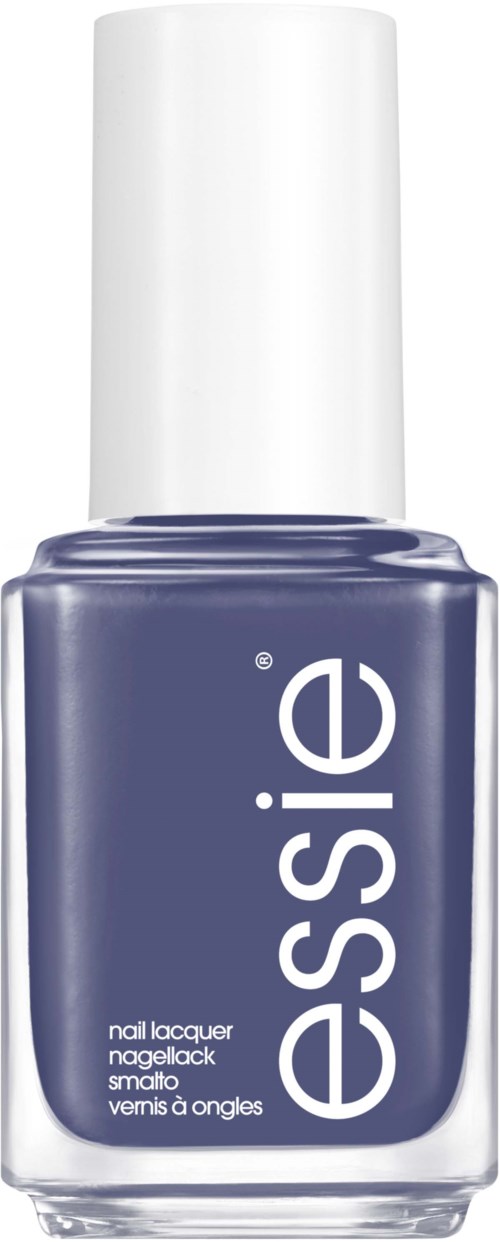 En lila nagellackflaska med vit lock och 'essie' skrivet på framsidan.