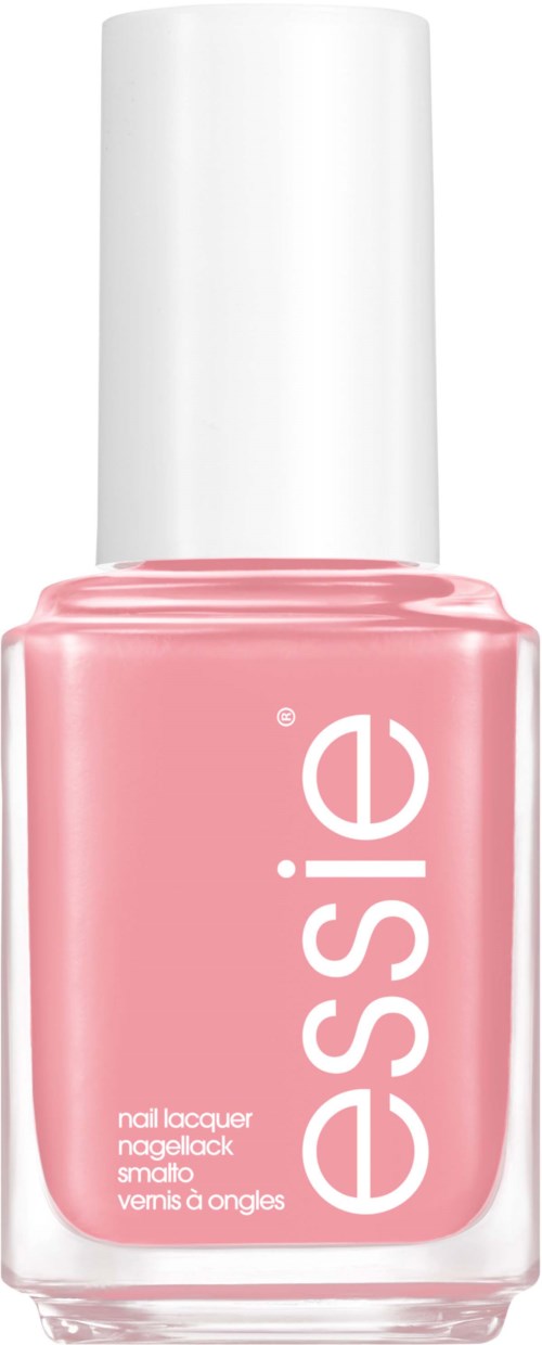 En rosa nagellackflaska med vit kork och ordet 'essence' på.