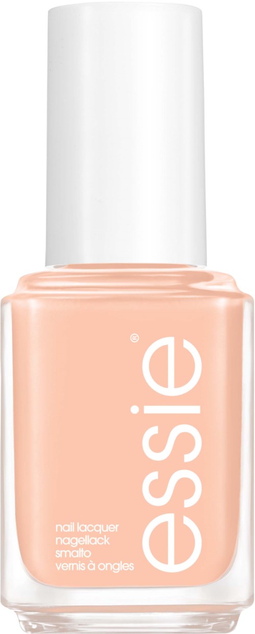 En pastellrosa nagellackflaska med vit lock och ordet "essie" skrivet vertikalt på framsidan.