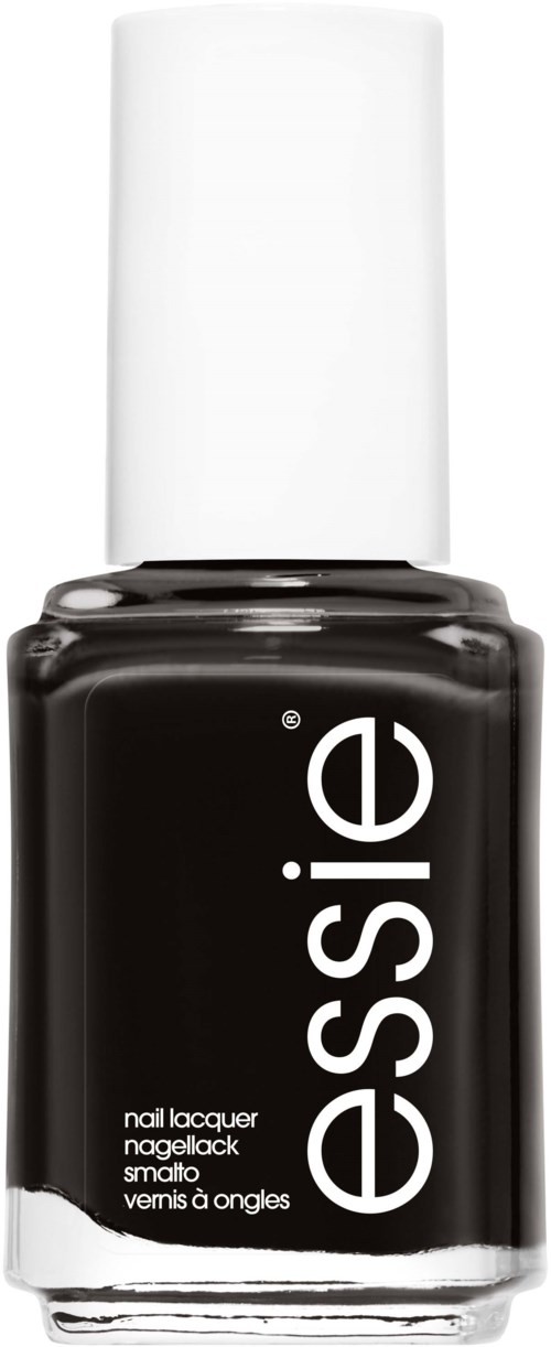 A black nail polish bottle with a white cap and the brand name 'essie' written vertically.