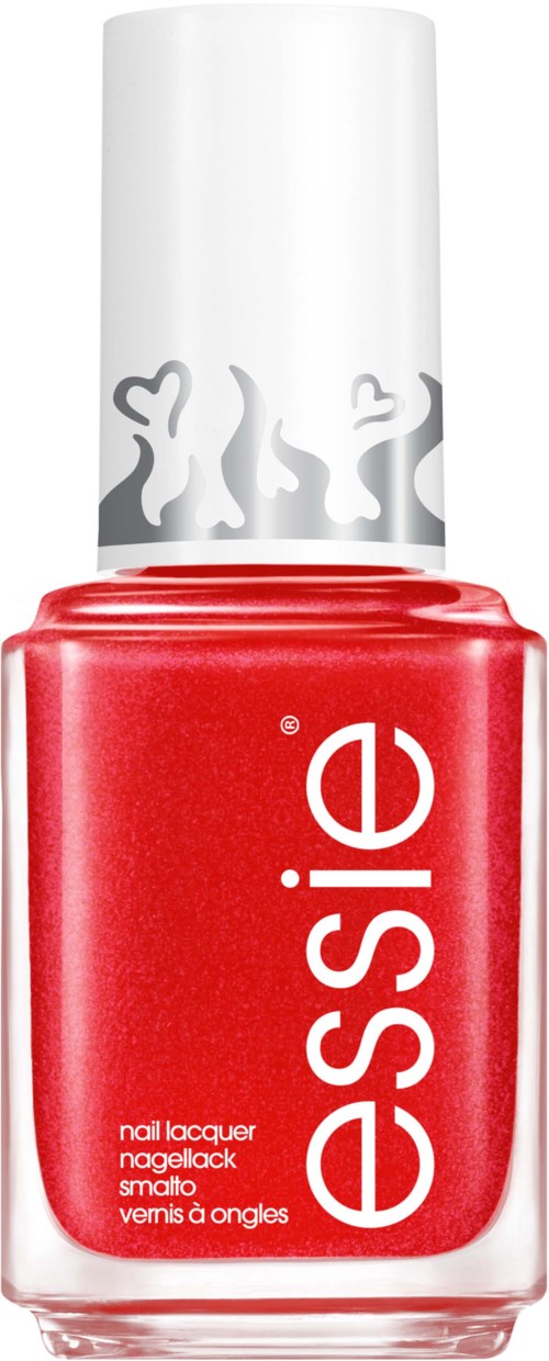 En röd Essie nagellackflaska med vit text och ett lock med hjärt- och flammdekorationer.