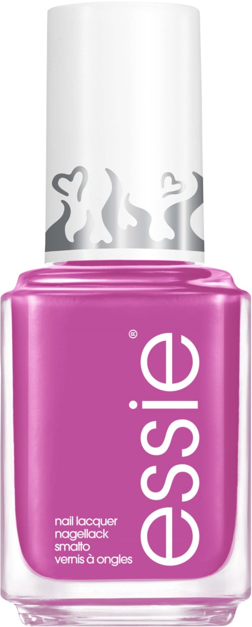 Rosa nagellackflaska från Essie med vit kork och dekorativa flammor och hjärtan.