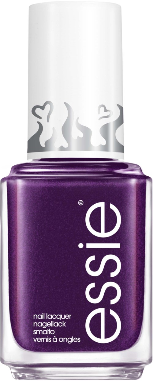 Lila nagellackflaska med vit lock, med hjärt- och flamdesign runt toppen.
