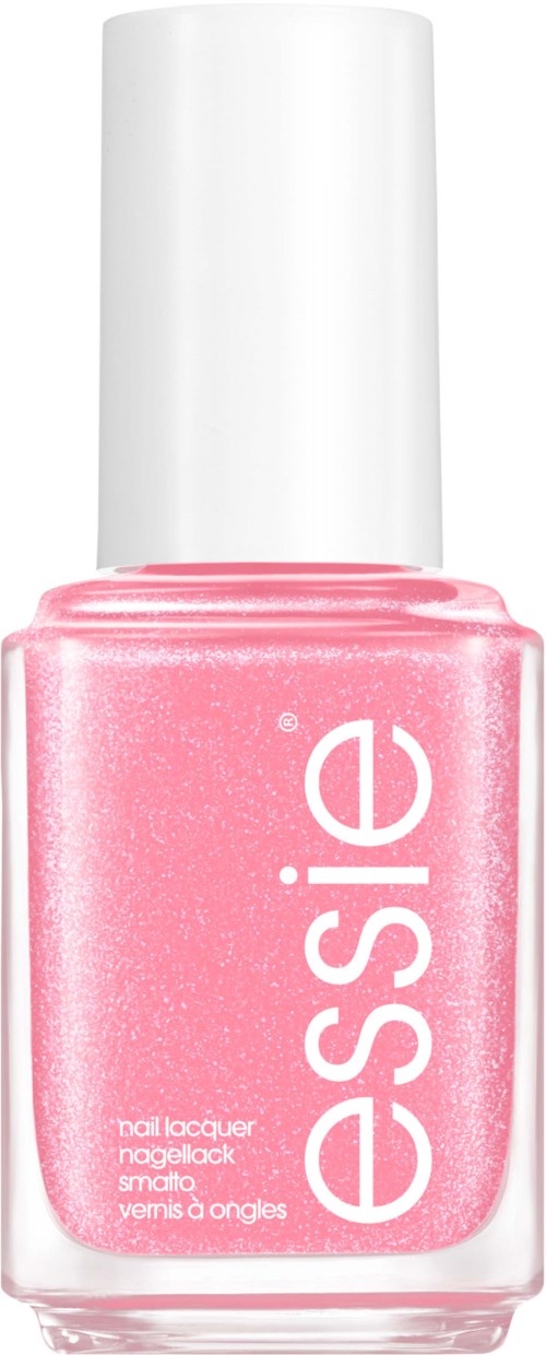 En rosa nagellackflaska med vit kork, märkt 'essence'.