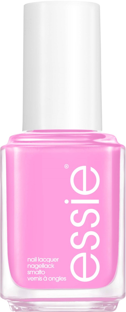 Rosafärgad nagellackflaska med vit lock, märkt 'essie.'
