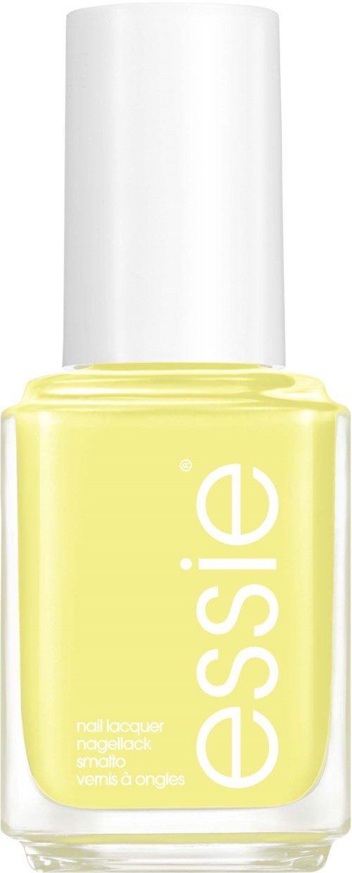 Gul nagellackflaska med vit kork och stor vit text 'essie' på framsidan.