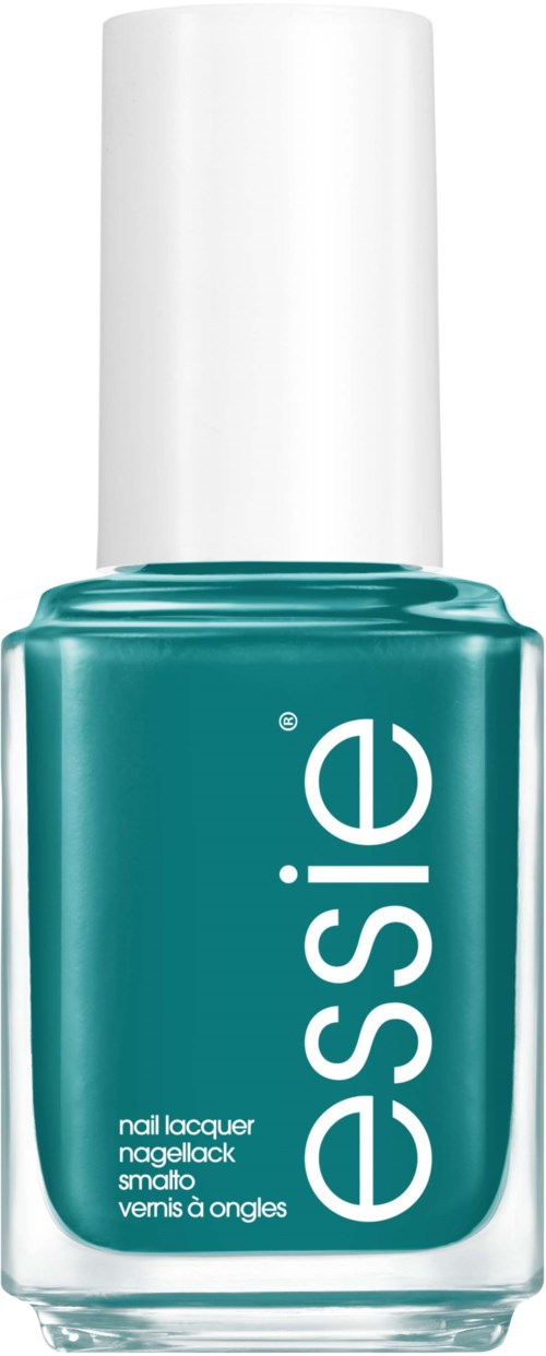 En teal nagellackflaska med varumärkesnamnet 'Essie' skrivet vertikalt på framsidan och en vit kork.