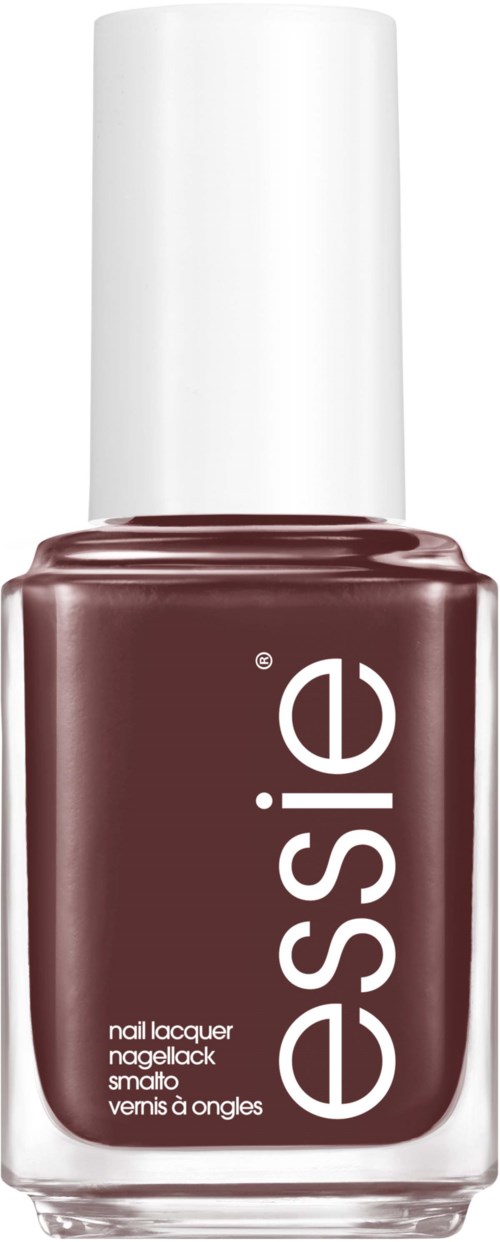 A brown nail polish bottle with a white cap and 'essie' written vertically on the front.