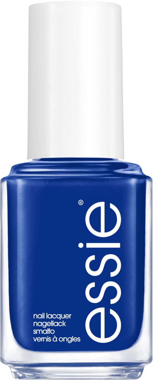 Blå nagellacksflaska med vit lock och vit text som säger "essence".