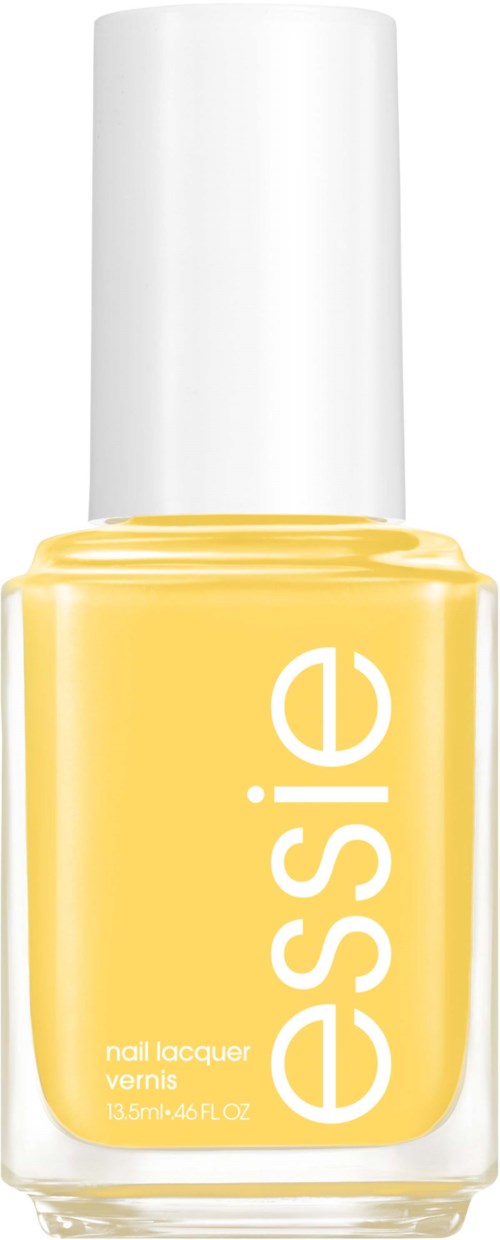 Gul nagellackflaska med vit lock, märkt 'Essie'.