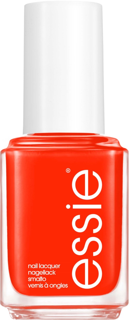 En ljus röd nagellackflaska med vit topp och märket 'Essie' skrivet vertikalt.