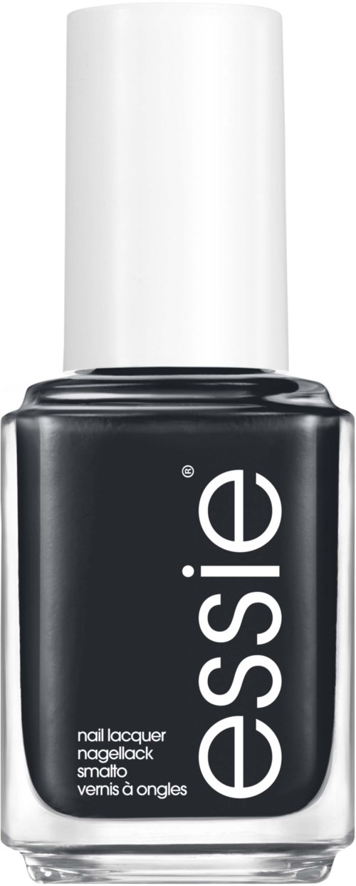 En svart nagellackflaska med vit kork och ordet 'essence' på framsidan.