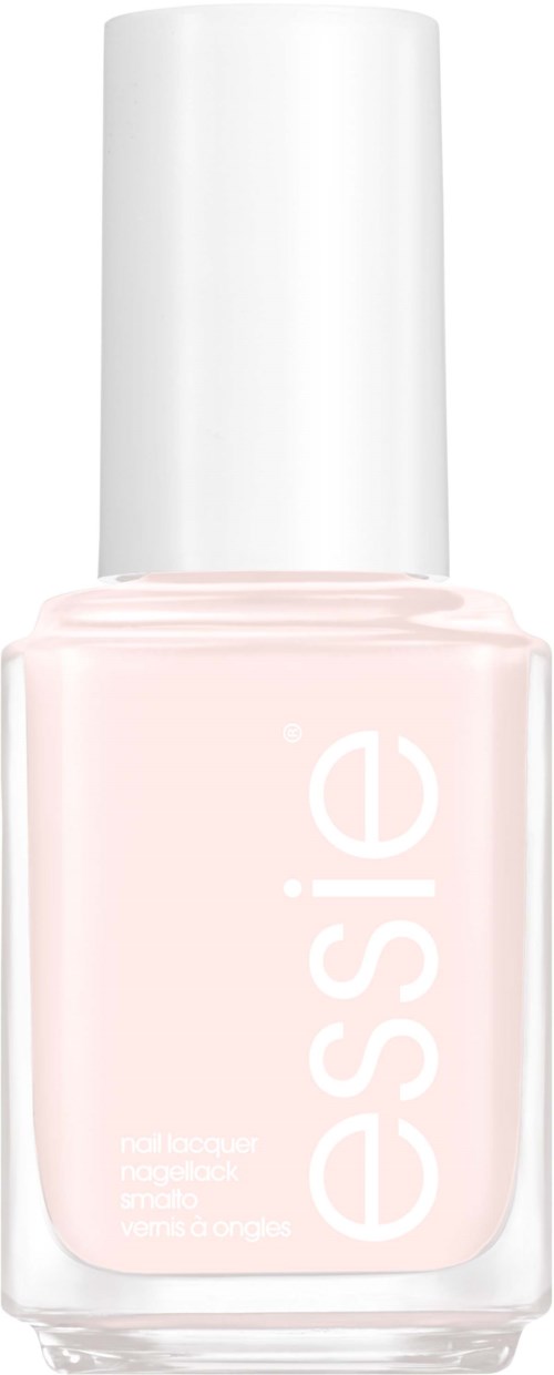 En ljus rosa nagellacksflaska med vit kork, märkt "essie," på en vit bakgrund.