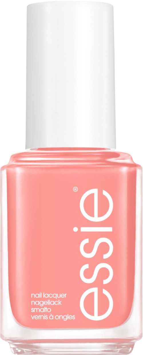 En rosa flaska med Essie nagellack med vit kork och stor vit text som säger 'essie'.