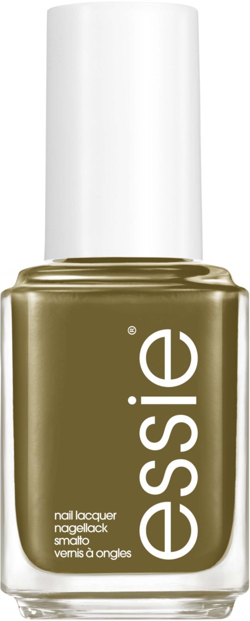 En flaska av olivgrön nagellack med vit kork och märket 'essence' på.
