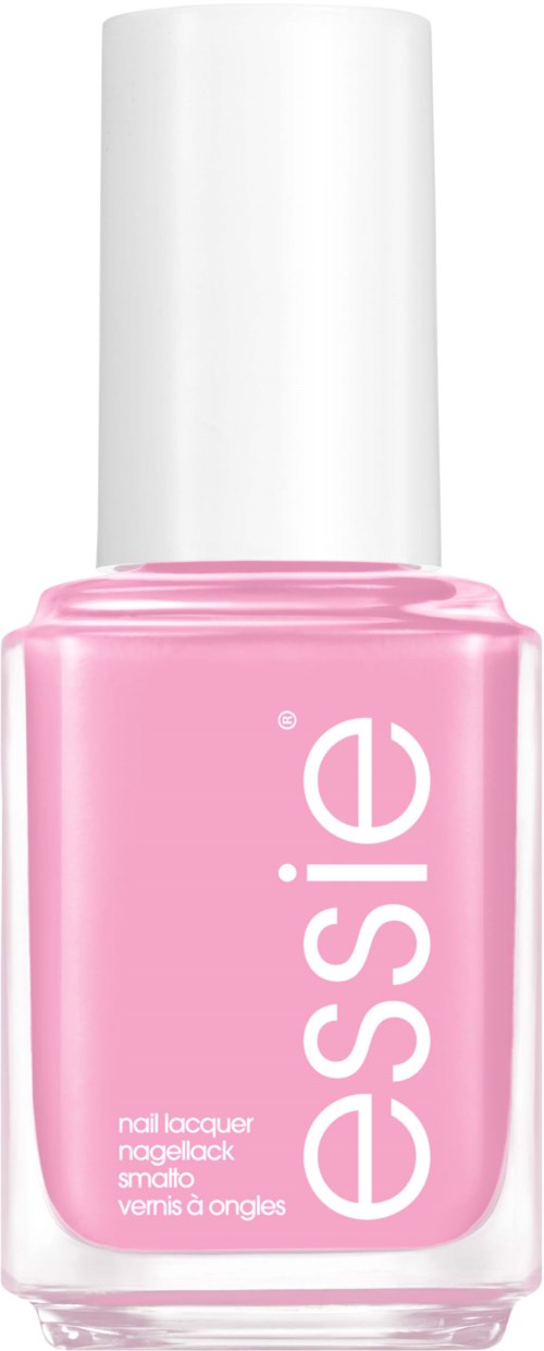 En rosa nagellackflaska med vit kork och märket 'essie' på.