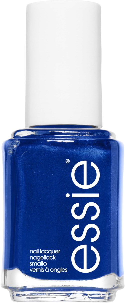 Blue nail polish bottle with white cap and white "Essie" logo.