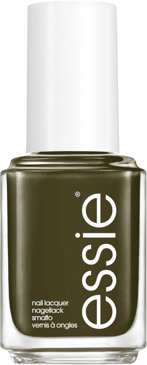 Grönt nagellack i flaska med vit kork och "essie's" logo på framsidan.
