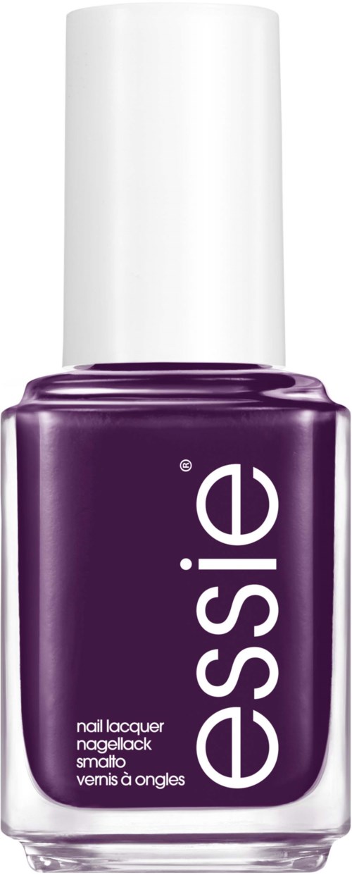 En lila Essie nagellackflaska med vit lock stående upp.