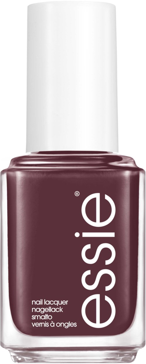 En flaska nagellack i vinröd färg med vit kork och vit text som berättar 'essence'.