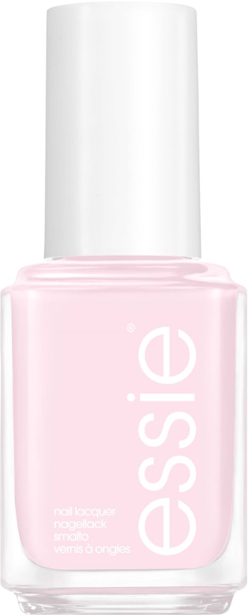 En rosa nagellackflaska med vit kork och ordet 'essence' påframsidan i vitt.