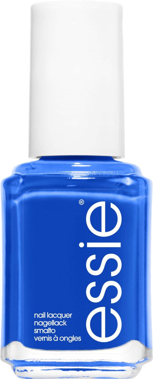 Blå nagellackflaska med vit lock och ordet 'essie' på.
