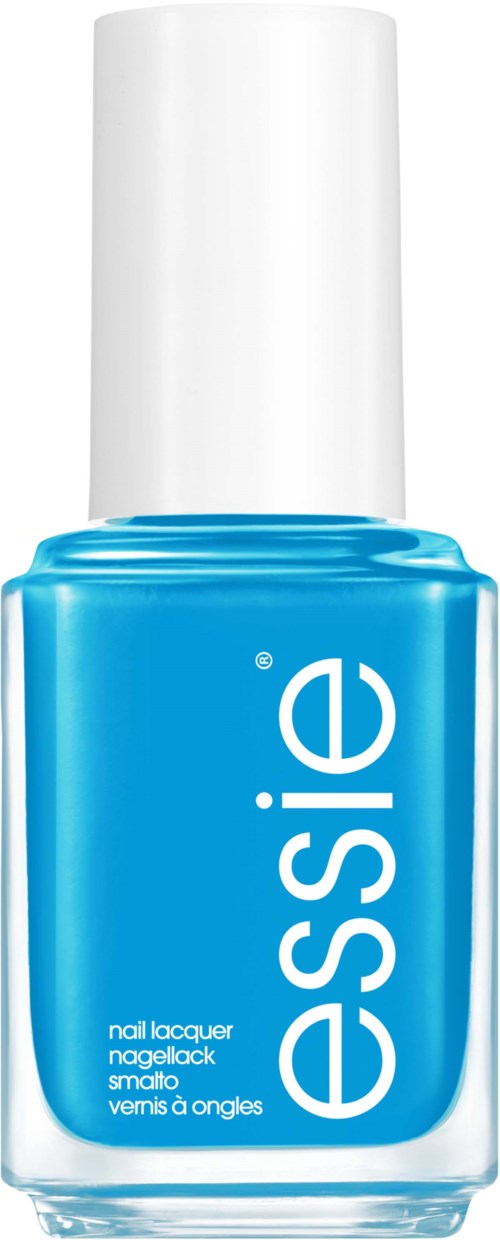 Blue nail polish bottle with white cap, labeled 'Essie'.
