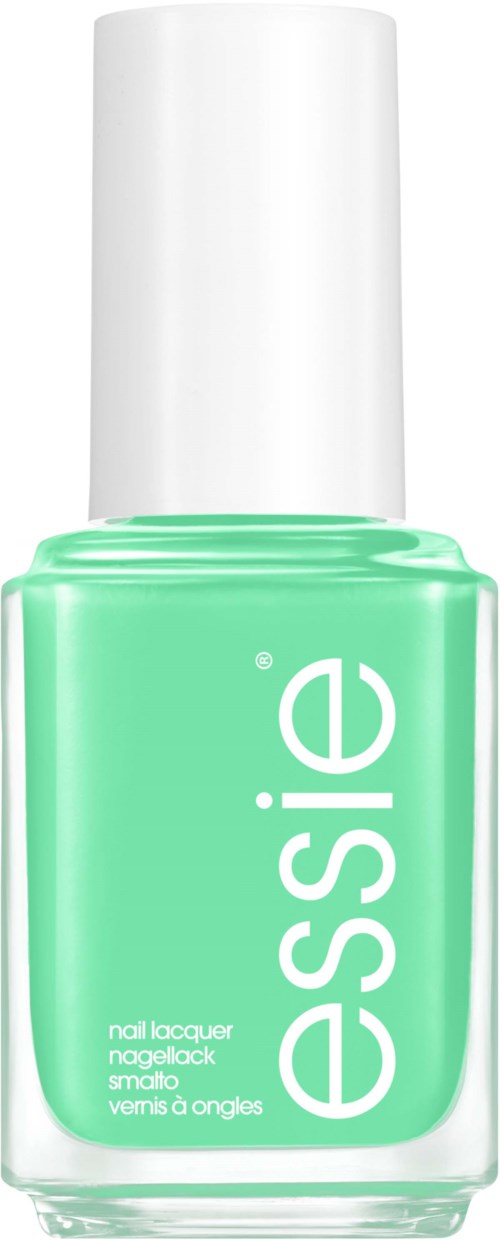A light green nail polish bottle with a white cap, labeled 'Essie' with additional product details.