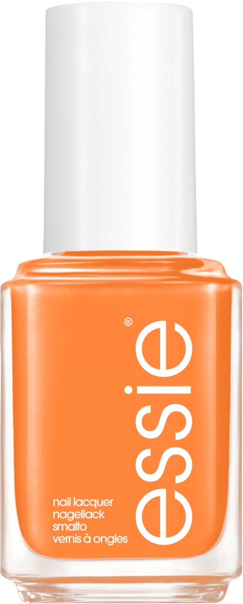 Orange nail polish bottle with a white cap, labeled 'essence'.