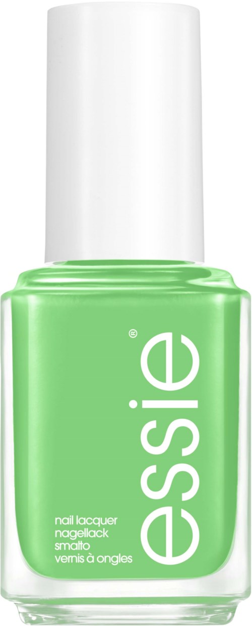 Bright green nail polish bottle with white cap, labeled 'essence' and 'nail lacquers' in white text.