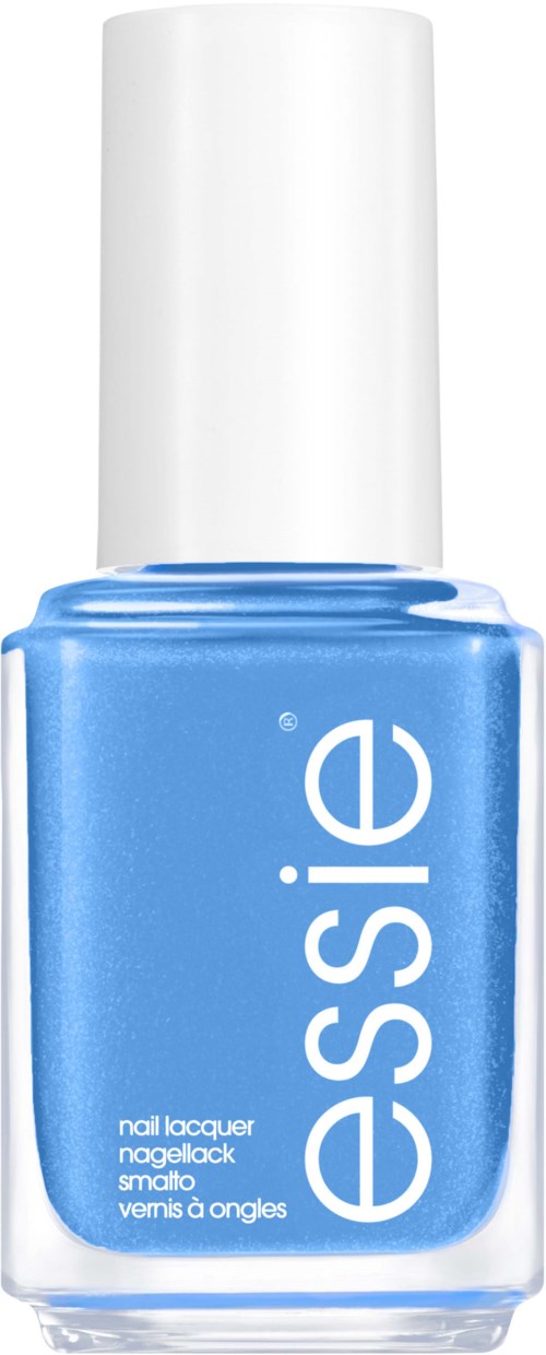 Blue nail polish bottle with the word "essie" written vertically on it.