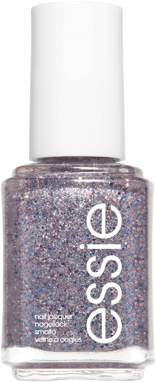 A small bottle of glittery nail polish with a white cap and the brand name "essie" on the front.
