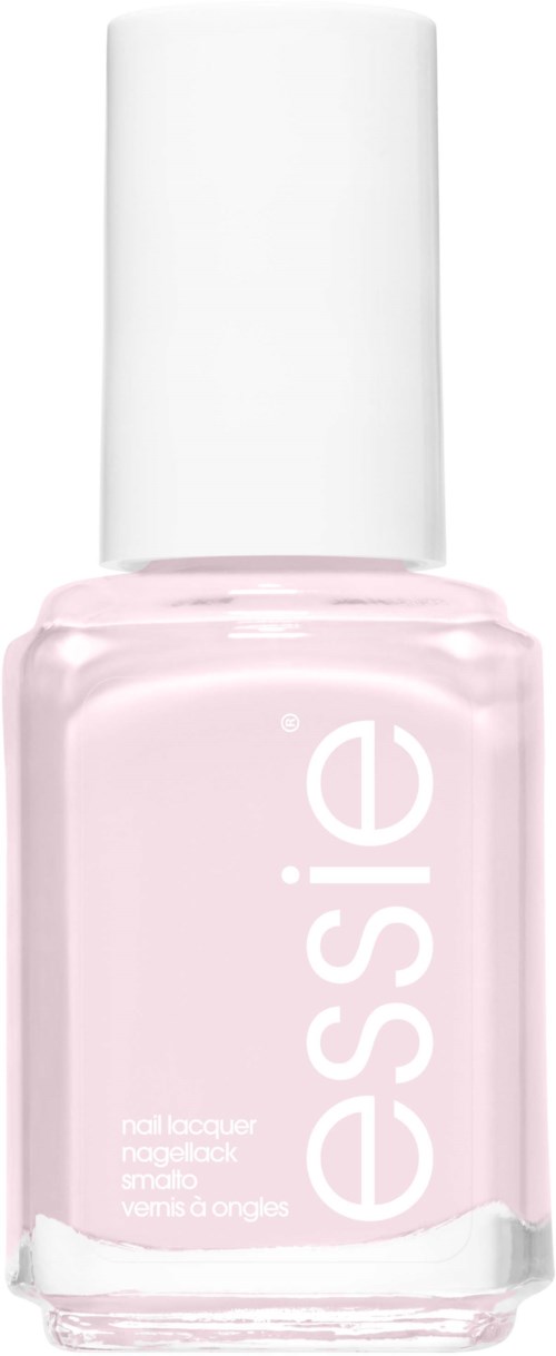 A pastel pink nail polish bottle with a white cap and the word 'essence' written vertically on the front.