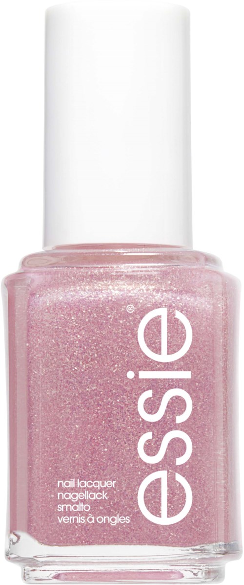 A pink nail polish bottle with glitter, white cap, and the word 'essie' written vertically.