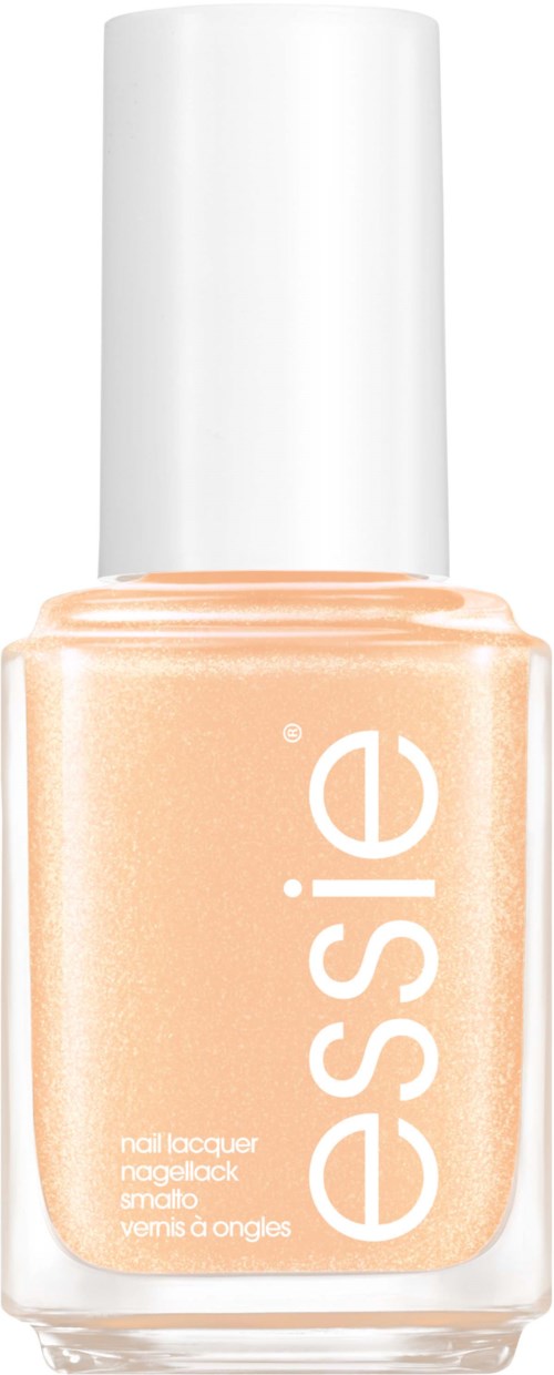 A bottle of beige nail polish with a white cap and 'essence' written vertically on the front.