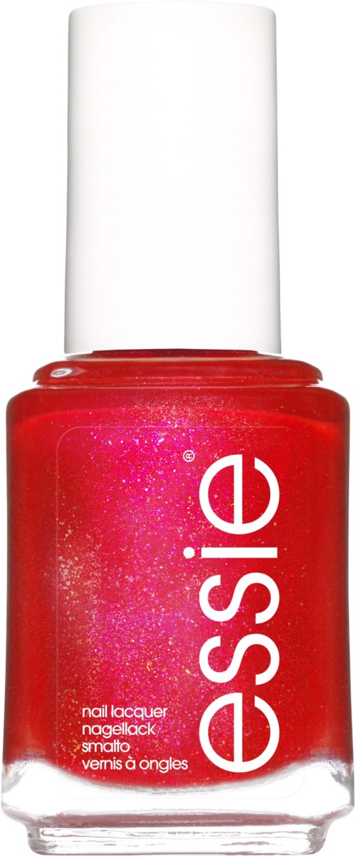 Red nail polish bottle with white cap and white "essie" logo on front.