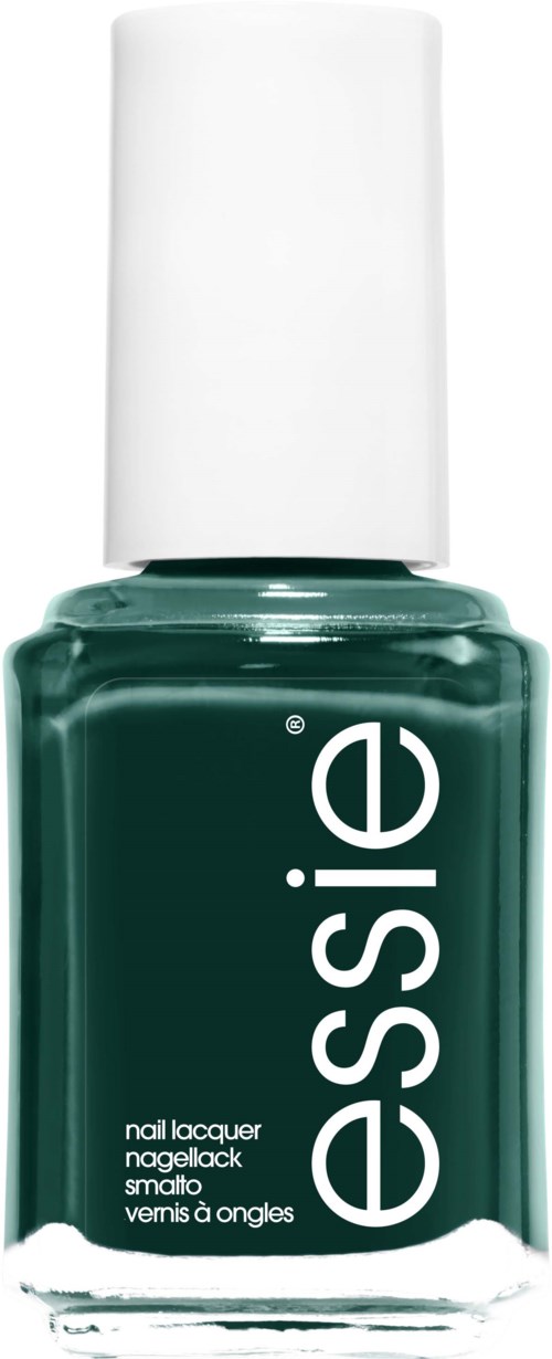 A bottle of dark green nail polish with a white cap, labeled 'Essie' in white text.